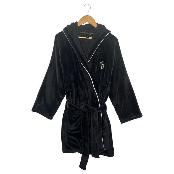 Victorias Secret Robe Womens Medium Large Black Hoodie Logo Embroidered Belted - Picture 2 of 13